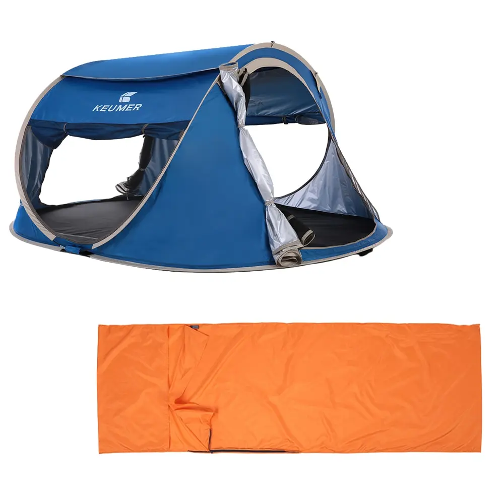 

Outdoor Travel Camping Gear 70*210CM Polyester Sleeping Bag+Automatic Instant Pop Up Hiking Tent 240 *180*100cm for 3-4 Persons