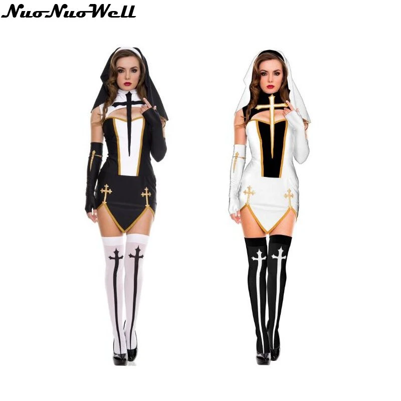 Nuevo diseño disfraz de Cosplay de Monja Blanca de Halloween, minivestido de moda, ropa de Cosplay, ropa de negra con calcetines y guantes|cosplay clothing|dress cosplaycosplay costume -