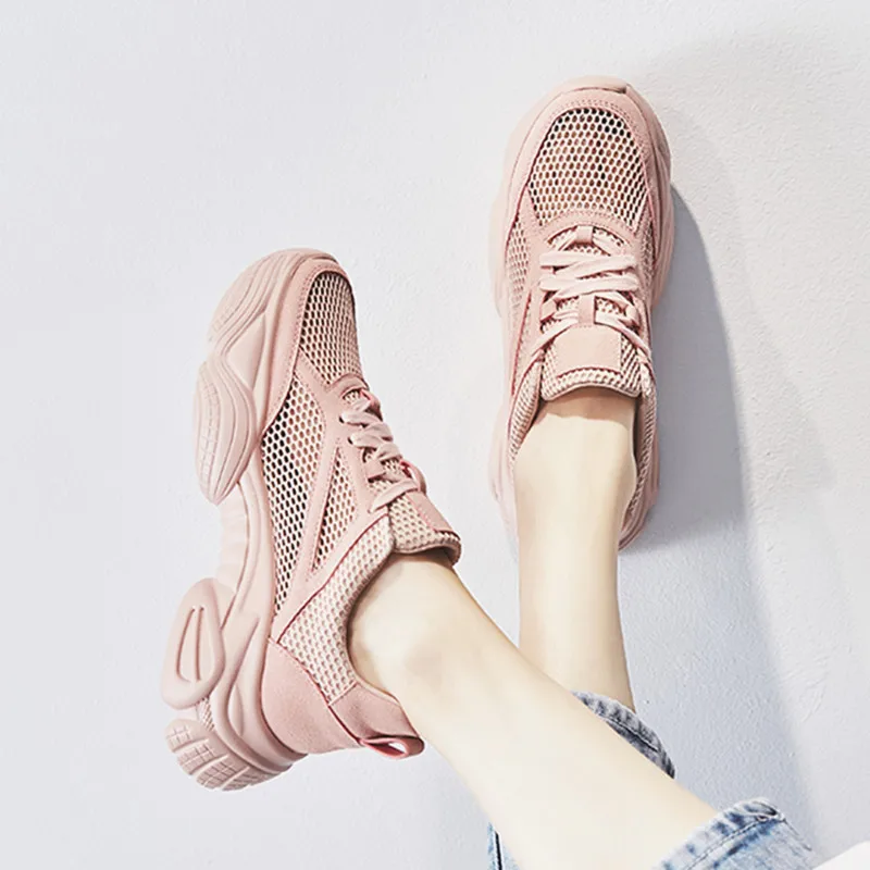 

Women's Platform Sneakers Mesh Breathable Lace-up Summer Beige Pink Vulcanize Shoes Womens Casual Ladies Shoes A-10W