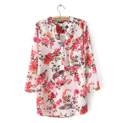 2016 Весна новый стиль моды для женщин цветочный печати три четверти рукава рубашки, дамы элегантная повседневная v-образным вырезом шифон блузка топы