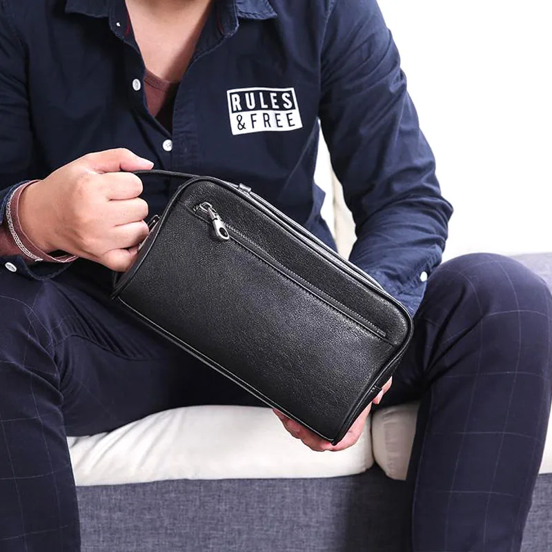 AETOO Men's large-capacity hand bag top layer leather handbag men's leather double zipper business wallet bag pillow bag