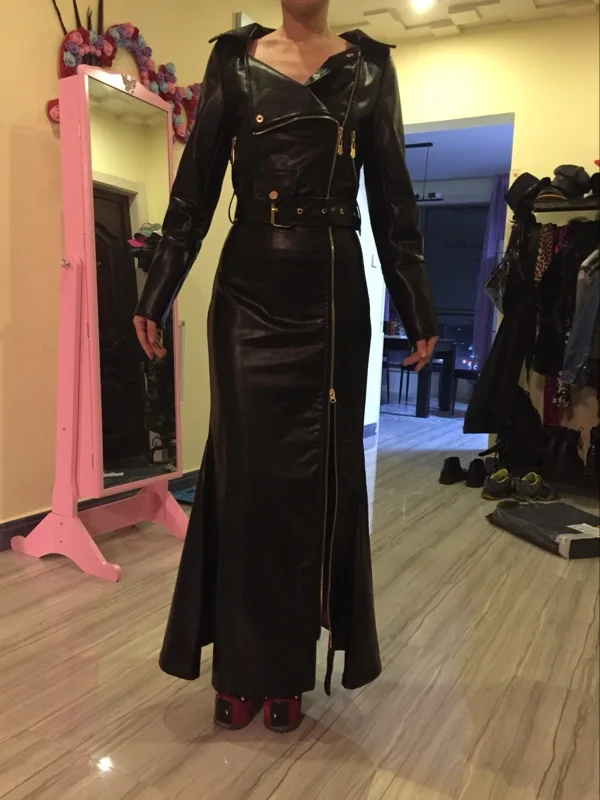 Длинное дизайнерское мотоциклетное Платье из искусственной кожи на шнуровке