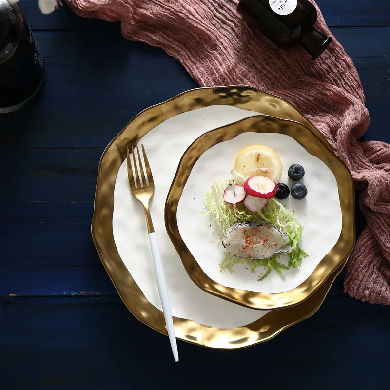 

Luxury Ceramic Plate Fruit Dessert Sushi Serving Tray Snacks Steak Dishes Retro Gold Edges Tableware Set Kitchen Dinner Plates