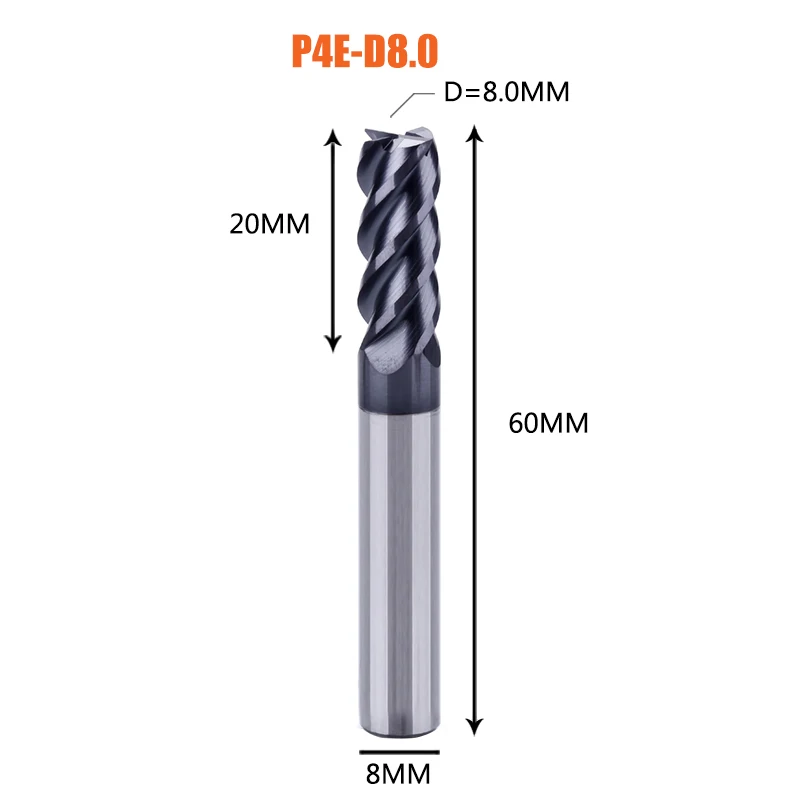 1 шт. Концевая фреза из карбида вольфрама 4 флейты d1-d12 Концевые Фрезы с ЧПУ Инструменты для обработки лица и паза hrc50 концевые фрезы с покрытием - Длина режущей кромки: 1PC-P4E-D8.0
