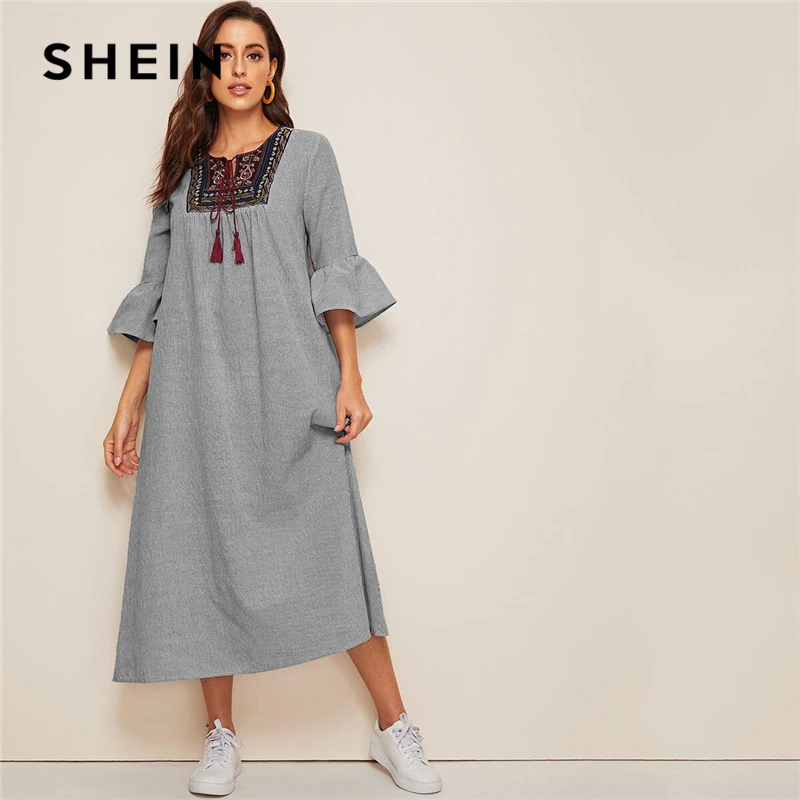 

SHEIN Tassel Tie Neck Embroidered Yoke Boho Striped Dress Women Summer Holiday Drop Waist Flounce Sleeve A Line Long Dresses