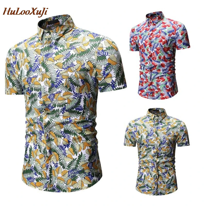 HuLooXuJi мужские летние рубашки с коротким рукавом пляжный Гавайский Цветочный Хлопок Дышащие повседневные праздничные блузки US Размер: M-3XL