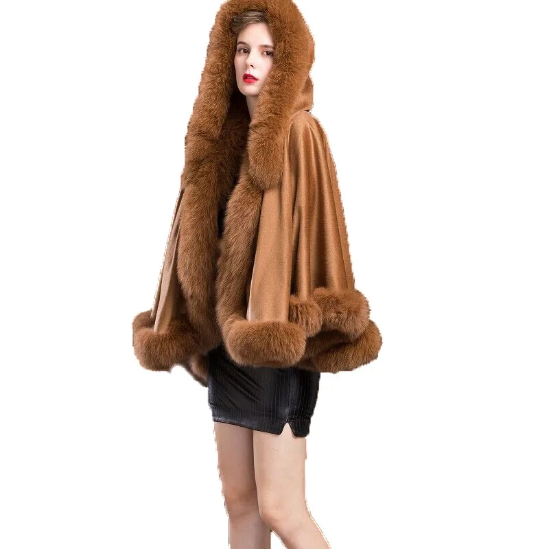 

Genuine Real Cashmere Wrap Women Genuine Fox Fur Poncho Female Winter Cloak Hooded Coat Shawl/Cape CAMEL