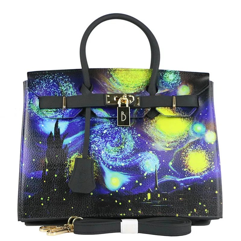 

Van Gogh Starry Sky Print Handbags Women Litchi Platinum Tote Bag Scrub Matte Jelly Shoulder Bag Locks Designer Sac A Main 30cm