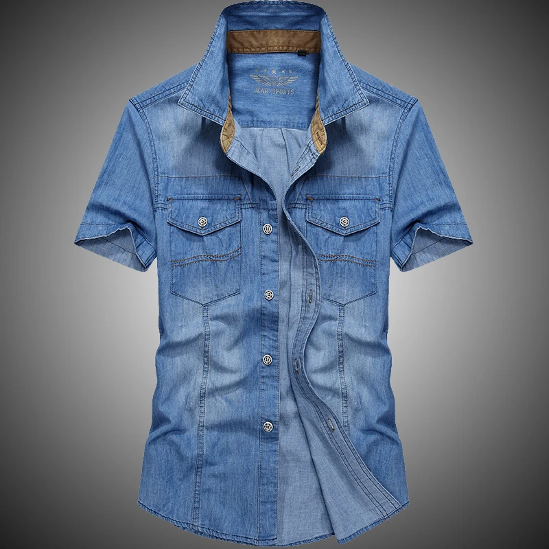 

Denim Shirt Men Clothes 2018 Casual Slim Fit Military Mens Short Sleeve Jeans Shirts Solid Color Cargo Shirts Men J322