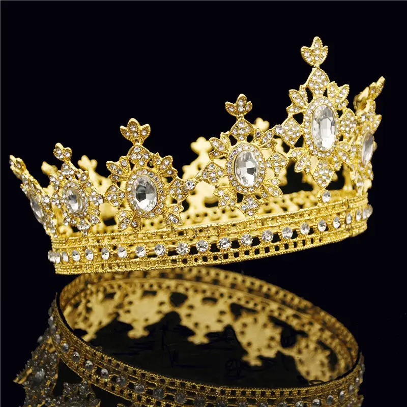 

Gold Crystal Royal Queen King Tiara Crown for Bridal Wedding Hair Jewelry Metal Clear Crystal Round Diadem Head Accessories