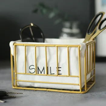 

DUNXDECO Home Office Storage Basket Modern Simple Gold Iron Smile Print Cosmetic Key Holder Table Desk Container Iron Shelf Deco