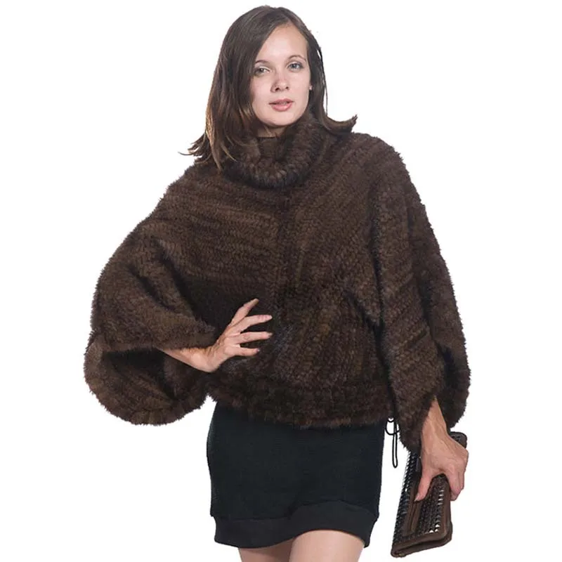 Зимние женские шали из натурального меха норки, вязаная куртка с рукавом летучая мышь, Норковое вязаное пальто - Цвет: Brown