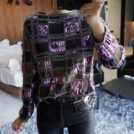 

Classic perspectivity hot-selling sparkling slim gauze bling paillette beaded plaid long-sleeve shirt blouse tops tide