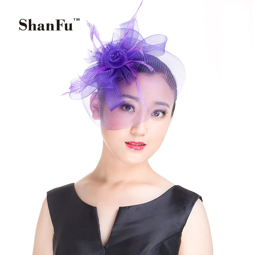 ShanFu Women Mesh Fascinator Feather Headband Wedding Hats and
