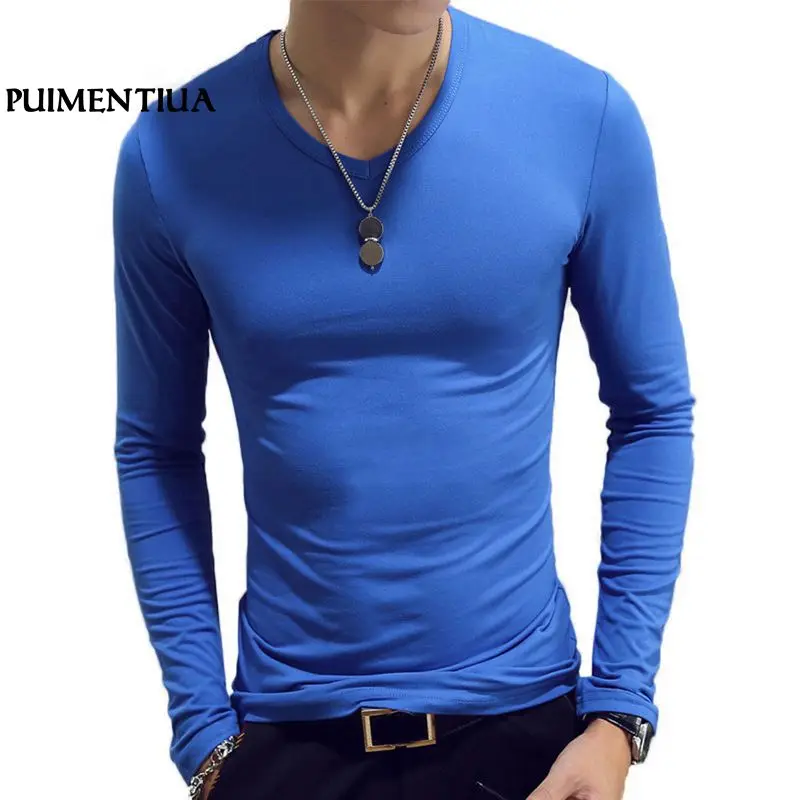 

Puimentiua 2019 Spring Men T-shirts Long Sleeve O Neck Casual Fitness Solid Fashion Tee Basic Camiseta Manga Homme Top Clothing