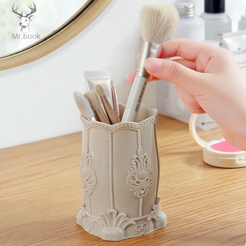 Padrão de Flor Pincel de Maquiagem Caixa de Armazenamento Titulares de Armazenamento Retro Esculpida Caneta Lápis Caneta Pote Recipiente Desk Organizer Presente