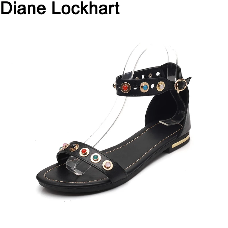 

2019 Genuine Leather Women Sandals Hot Sale Fashion Summer Sweet Women Flats Heel Sandals Ladies Shoes Black zapatos de mujer