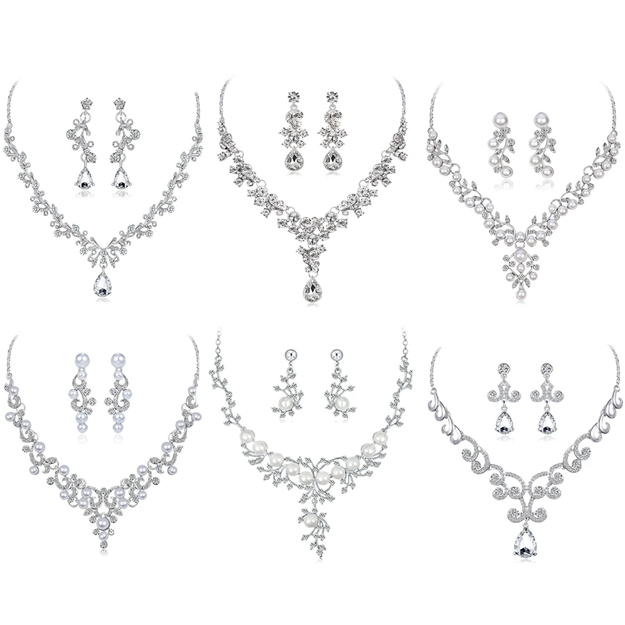 

Classic Imitation Pearl Necklace Silver Gold-Color Jewelry Set for Women Clear Crystal Elegant Party Gift Fashion Costume