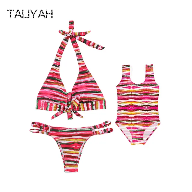 Cheap New rad striped mother and daughter suit women's split swimwear children's one piece swimmingsuit 2019 hot sell kids beach wear 