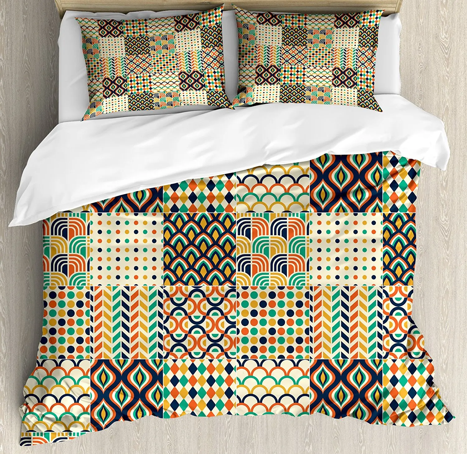 Geometric Duvet Cover Set Colorful Retro Pattern with Polka Dots Scales