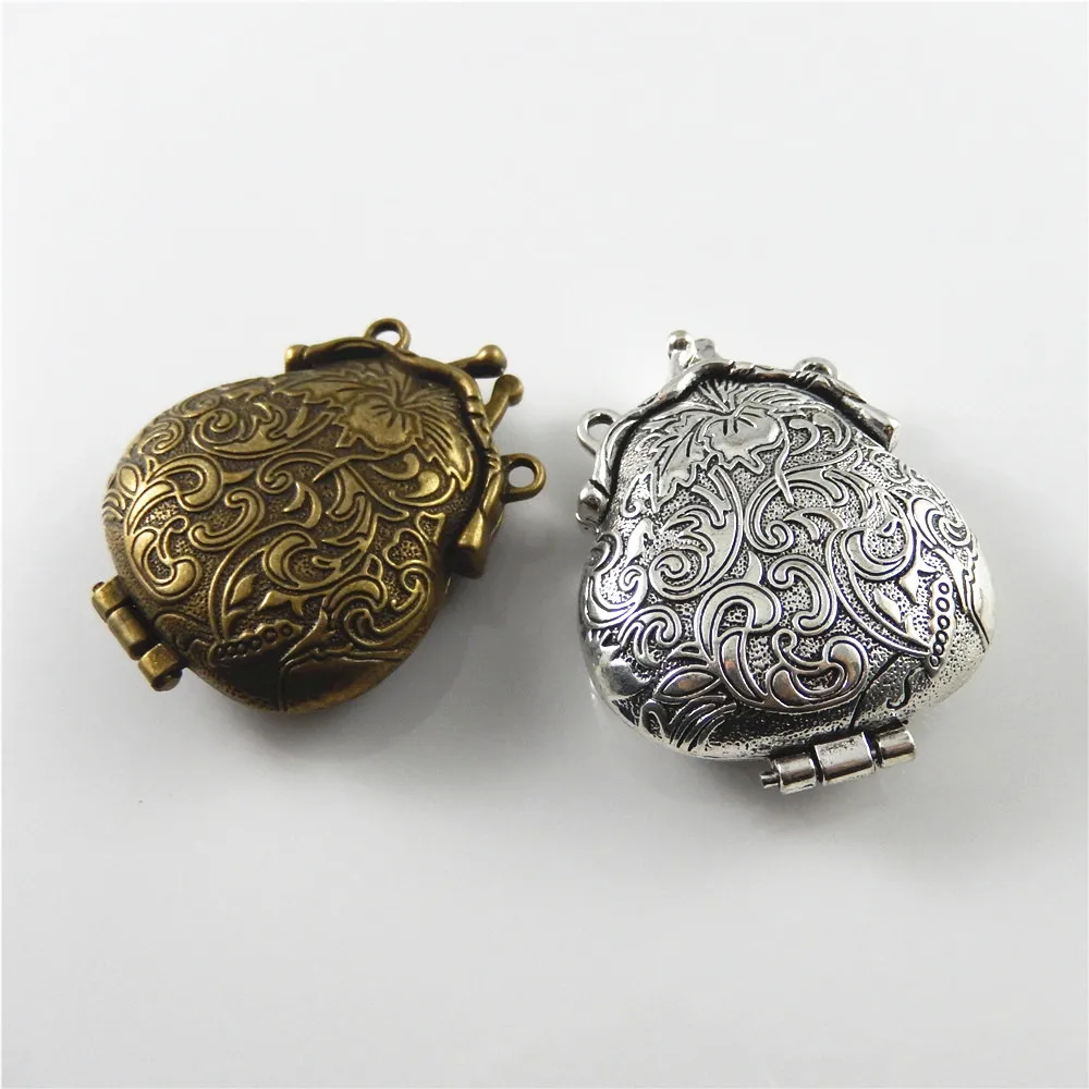 2piece)Mix Antique Silver Bronze Tone Ancient Purse Locket Alloy Charm Pendants 54*44mm OpenClose Top Jewelry Lover Gift 52609