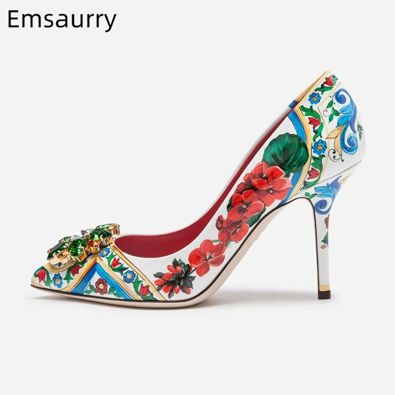 

Luxury 2019 Printed Rose Bridal Wedding Shoes Woman 10cm Thin High Heels Pointed Toe Crystal Flower Real Leather Women Pumps