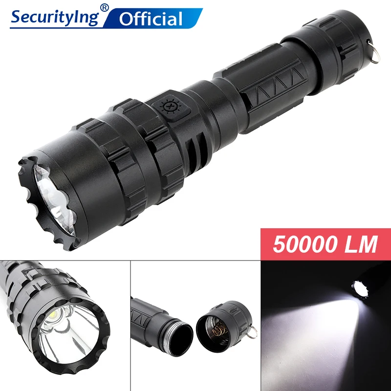 

SecurityIng L2 LED Tactical Flashlight 50000 LM USB Rechargeable Light Waterproof Scout Torch Hunting Light by 1 x 18650 Battery