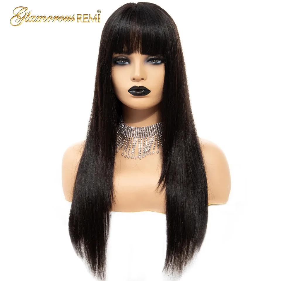 

Glamorousremi Malaysian Straight Lace Front Wigs With Bangs 150% Density Human Remy Hair Pre Plucked Glueless Lace Front Wig