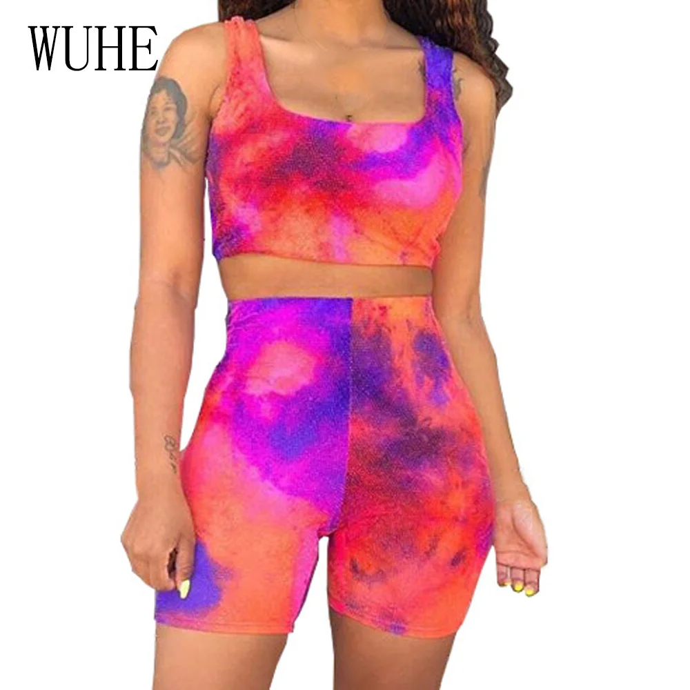 

WUHE Retro Sleeveless Hollow Out Two Piece Sets Jumpsuits Women Summer Informal Sporting Playsuits Ladies Printed Street Wear