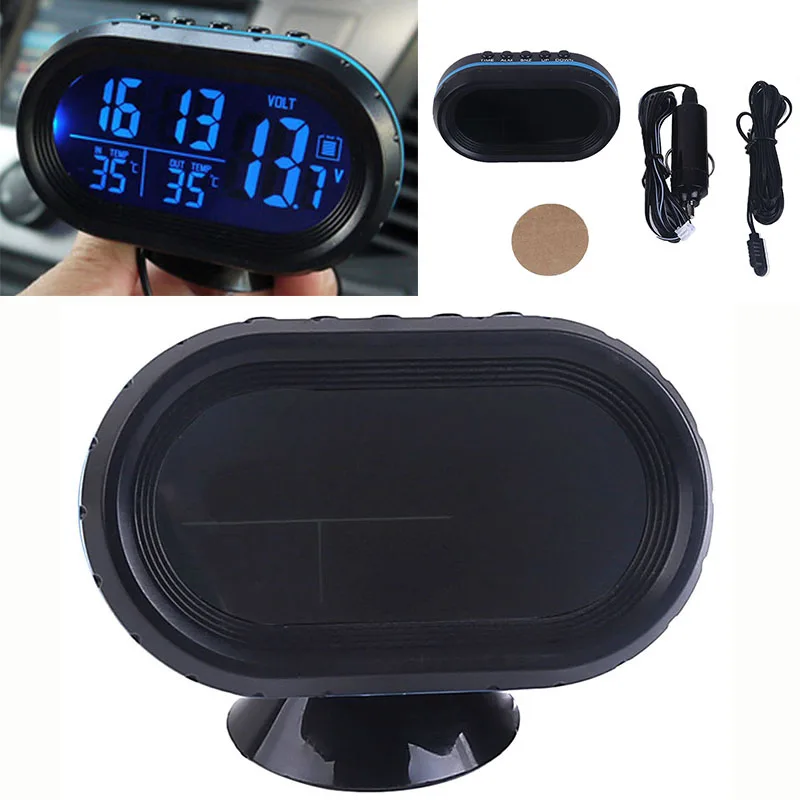 New Car Voltmeter LCD Digital Display Clock In/Out Temperature Blue Light Thermometer Clock 12-24V with Accessories Kit Set