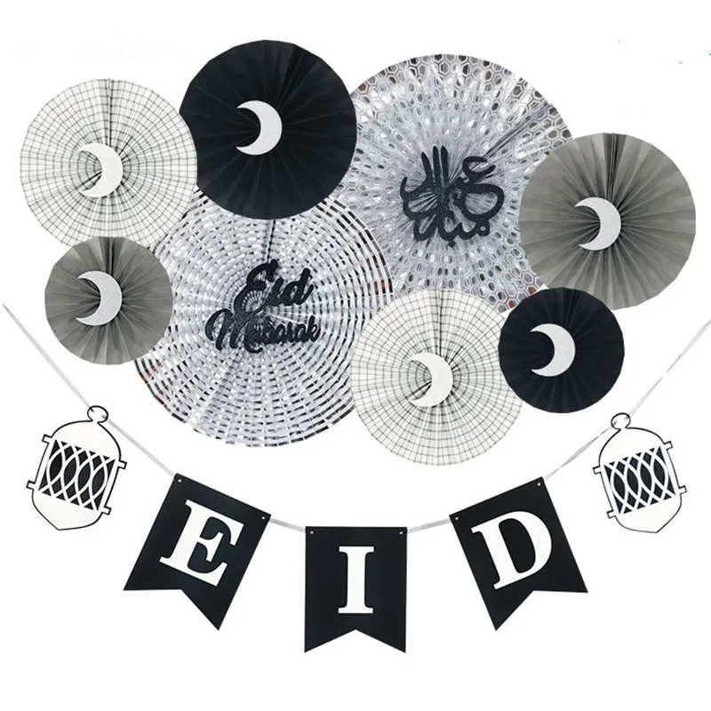 

Eid Mubarak Banner EID Paper Fans Festival Bunting Muslim Mubarak Decor Ramadan Wedding Party Supplies Eid Banners DIY Flags