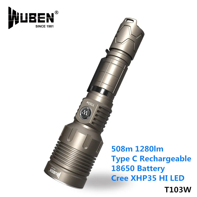 

Wuben T103 Cree XHP35 LED Hiking Camping Caving Searching Flashlight Long Range Throw Type C USB Charging Brightness Torch Light