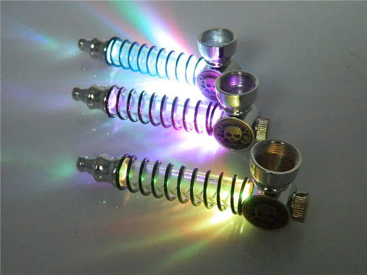 

1PC Spring Pipe Colorful LED Flash Light Metal Smoking Creative Portable Gift Smoke Herb Herbal With 5 Screen Tobacco Pipes