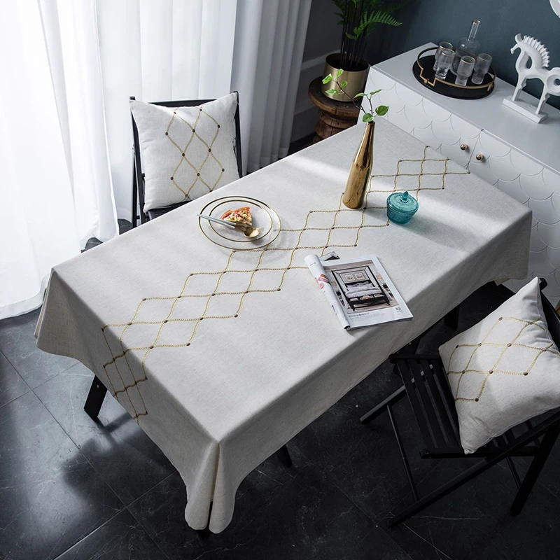

Simanfei Table Cloth Embroidered Diamond Geometry Gold Imitation Cotton and Linen Tea Table Mat Rectangular Table Cloth