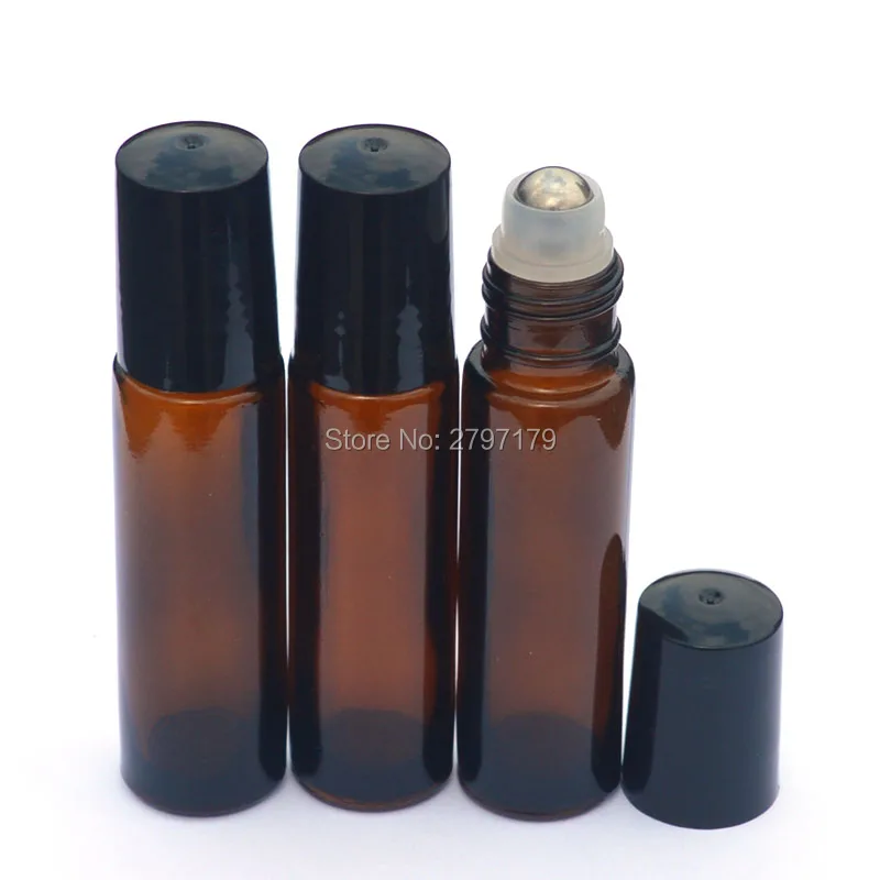 

6pcs 10ml Amber Roller Glass Bottle Perfume Sample Bottle Roll-On Black Plastic Cap Empty Essential Oil Bottle