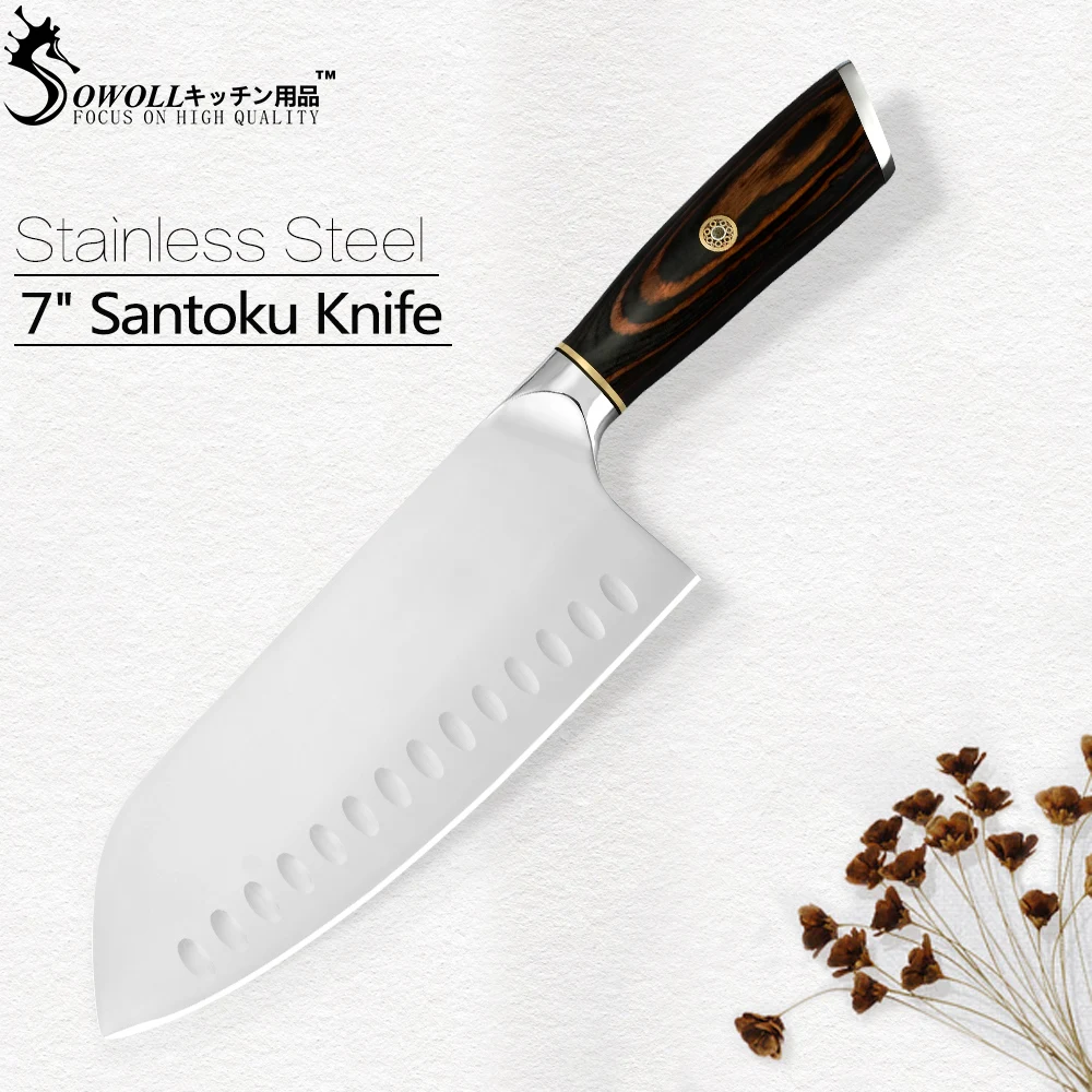 SOWOLL 7.5 Inch Santoku Knife 5cr15 High Carbon Stainless Steel Kitchen Knife With Color Wood