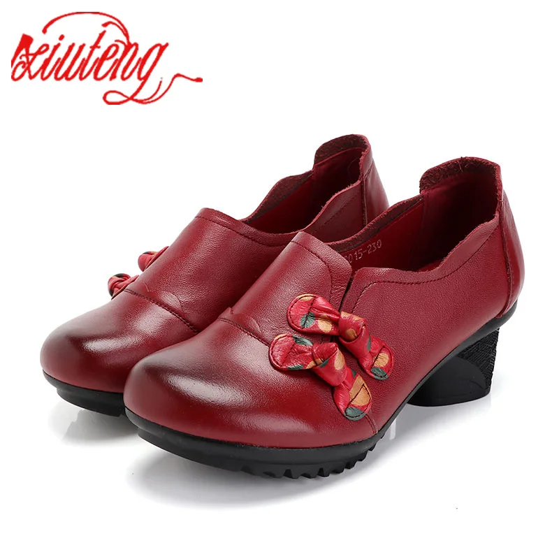 

Xiuteng Vintage Genuine Leather Pumps Women Shoes Retro Bohemian Spring Autumn Bow-knot Brim Ankle Pumps Ladies Shoes Heels