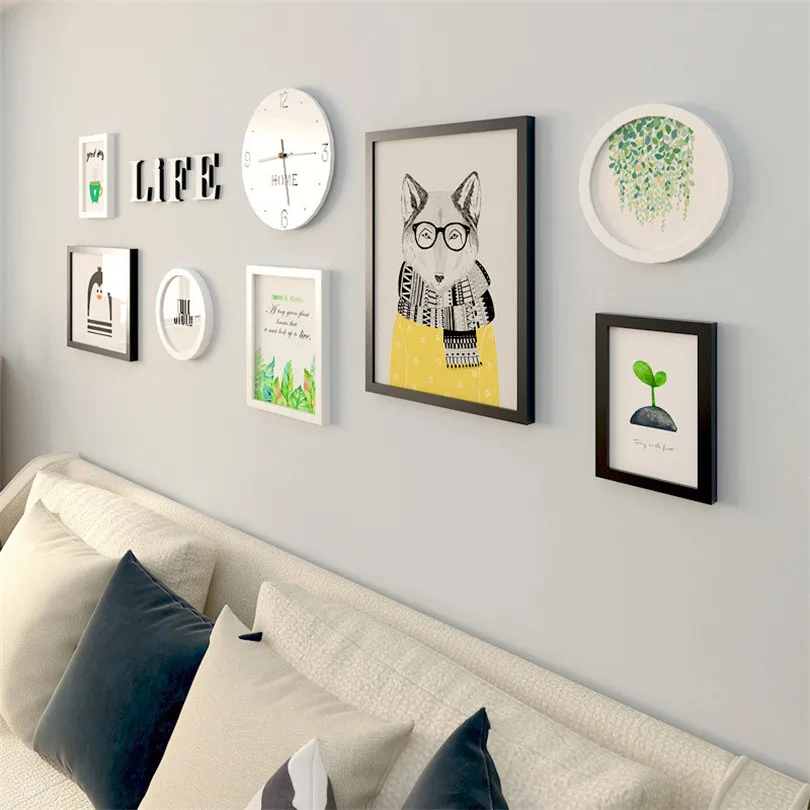 

Wood 7pcs Picture Frames+Letter+White Clock Modern Home Office Store Wall Decoration Photo Frame Set Home Decoration Accessories