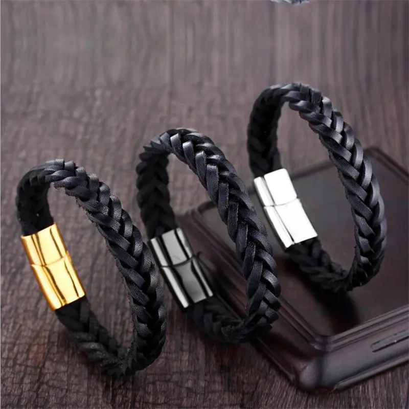 

Xionghang Stainless Steel Bracelet Men Jewelry Punk Black Leather Braided Bracelet Geunine How Magnetic Stainless Steel Buckle