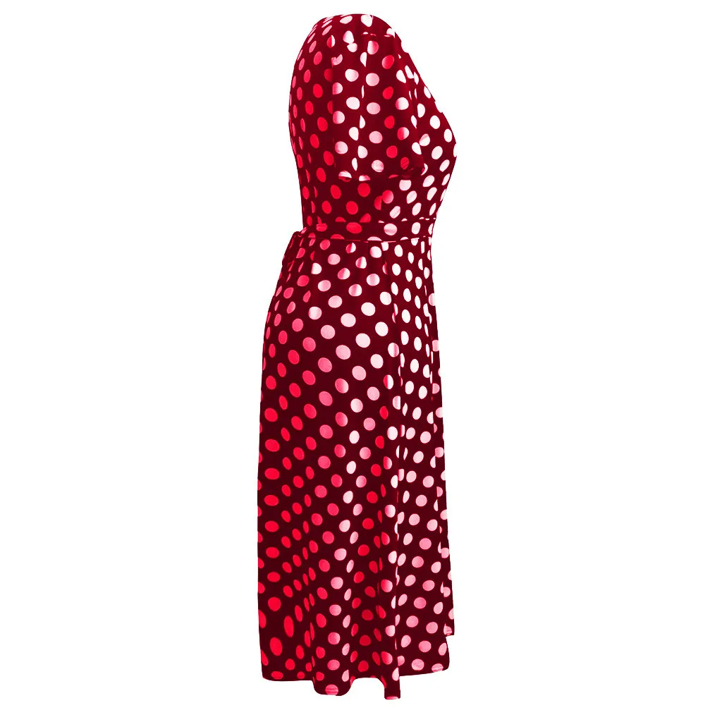 Платье женское платье Vestidos De Verano Robe Longue повседневное полиэфирное с v-образным вырезом с коротким рукавом в горошек с принтом на поясе платье Z4