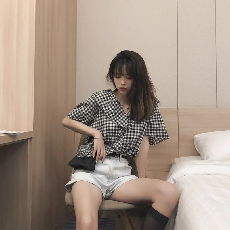 

MiShow 2019 summer check blouse for women vintage causal ruffled short sleeve loose sweety blouse tops MX19B4947