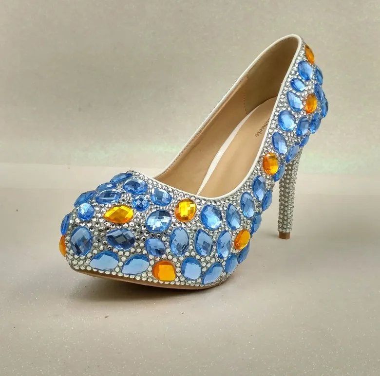 Love Moments/свадебные туфли синего цвета со стразами Женская обувь с бриллиантами, с круглым носком, с закрытым носком женская обувь на высокой платформе