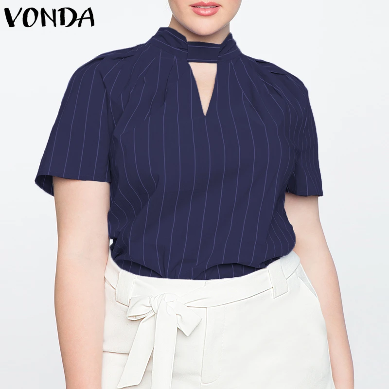 VONDA элегантная рубашка в полоску Топ для женщин Лето 2019 г. Повседневное свободные короткий рукав блузка пикантные Топы корректирующие
