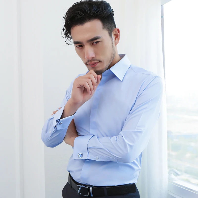 Goedkoop Mannen Franse Front Verborgen Knoppen Solid Dress Shirt Standaard fit Lange Mouw Twill Wedding Party Shirts (Manchetknopen inbegrepen)