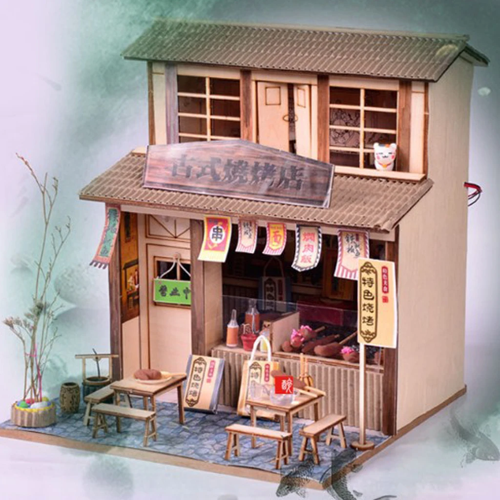 1/24 DIY Wooden Dollhouse Miniature Kits - Antique BBQ Restaurant with Delicious Foods