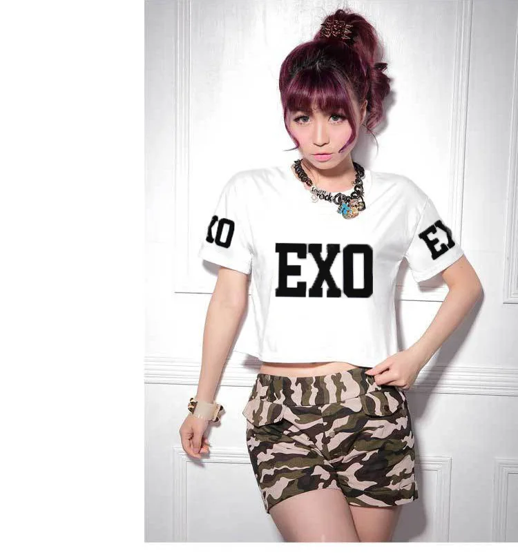 Kpop EXO/2016 Новая летняя футболка со звездой короткая с круглым вырезом черно белые