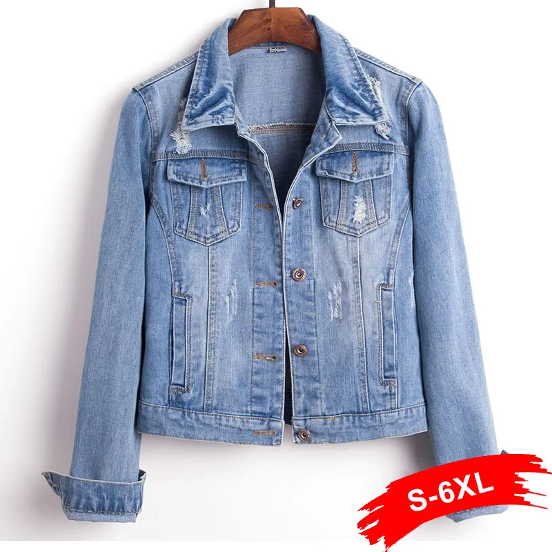

Women Plus Size 4XL 5XL Cropped Jean Jacket Long Sleeve Light Blue Bomber Short Denim Jackets Jaqueta Casual Ripped Jeans Coat