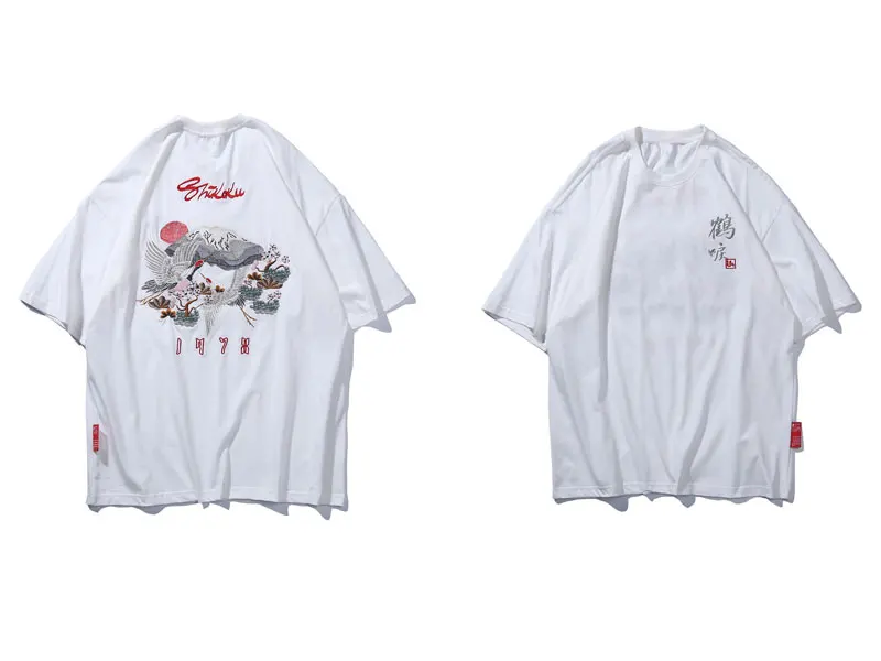 Футболки GONTHWID с вышивкой японского Ukiyo-e Crane Flowers Mount Fuji, уличная одежда, Harajuku, повседневные футболки в стиле хип-хоп, мужские топы