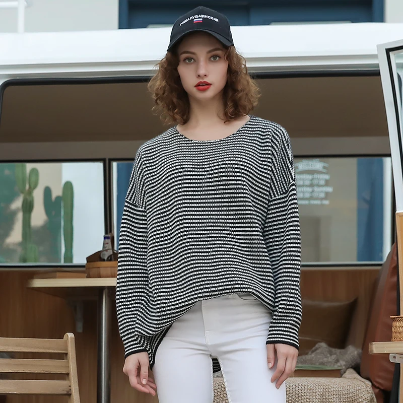 

Women Autumn Casual Striped Sweater Ladies Long Sleeves 100% Cashmere Sweater O-neck Knit Loose Pullover Plus Size Femme Jumper
