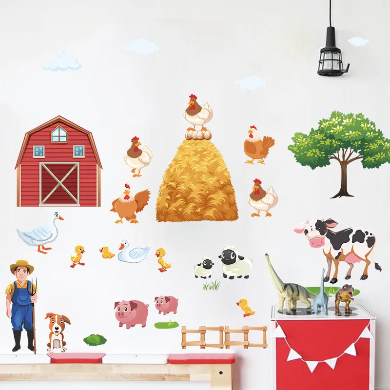 Cartoon Farm Animals Wall Stickers Duck Pig Hen Cows Tree Village